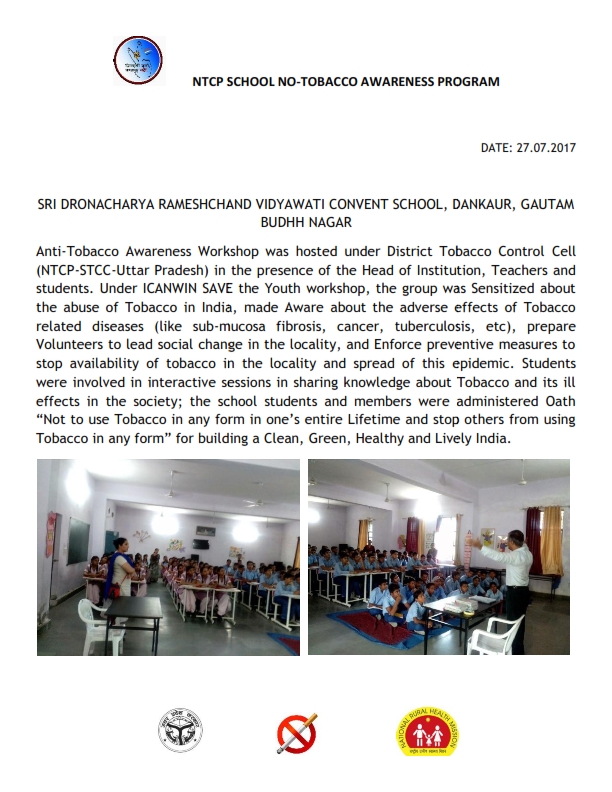 ICANWIN ICANCARE NTCP-STCC-DTCC-TOBACCO AWARENESS WORKSHOP FOR SCHOOLS IN GAUTAMBUDH NAGAR, UTTAR PRADESH